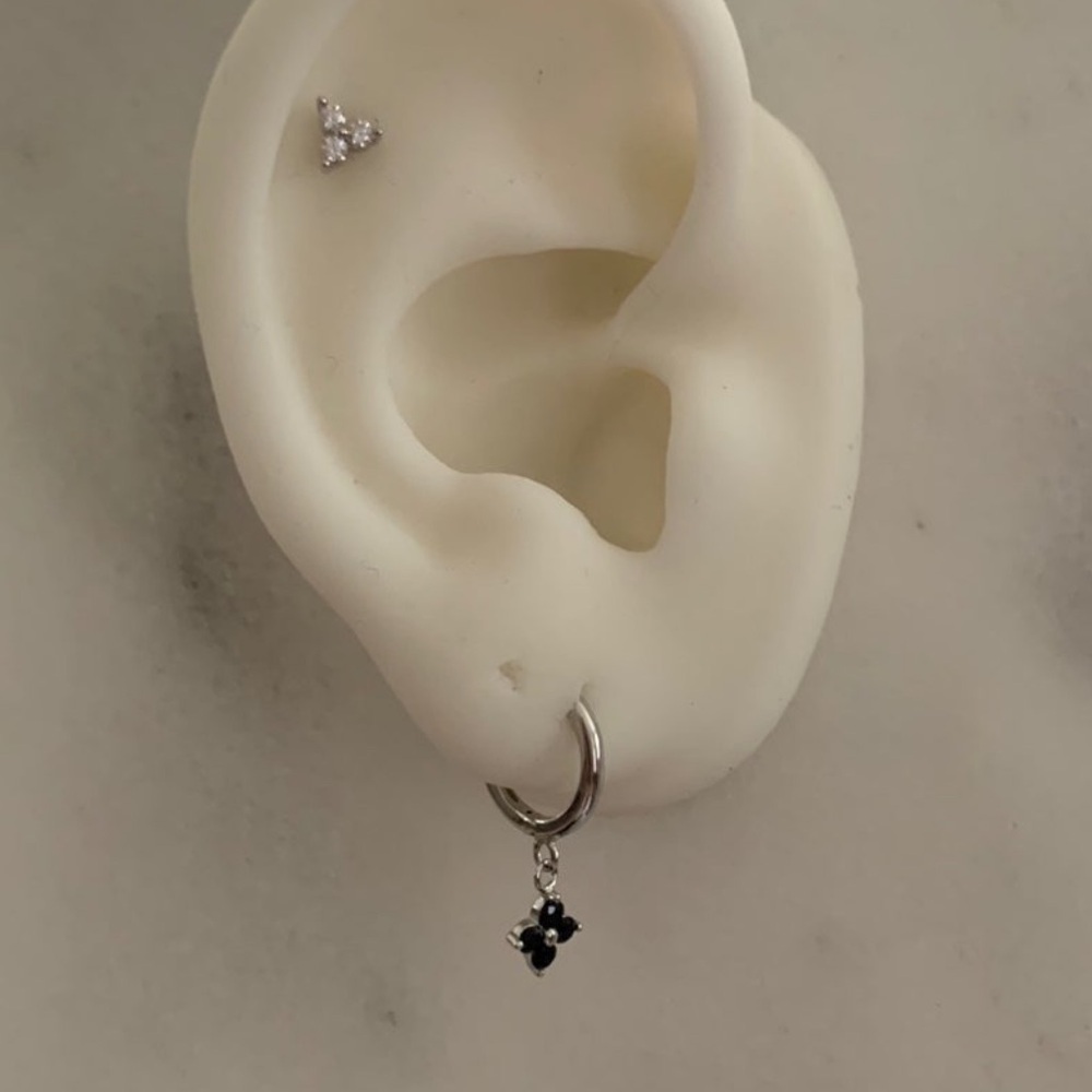 Sterling Silver Black Flower Crystal Huggie Hoop Earrings